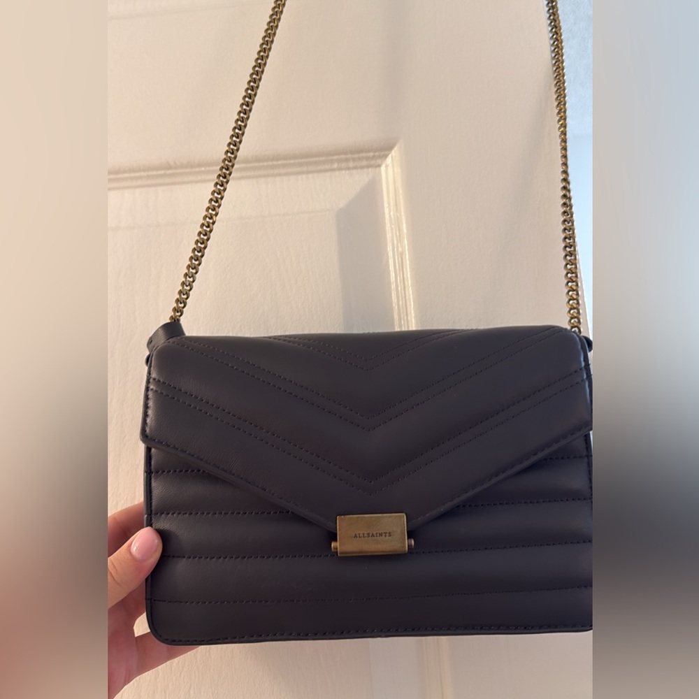 All Saints Black Quilted Crossbody Bag with Gold Chain